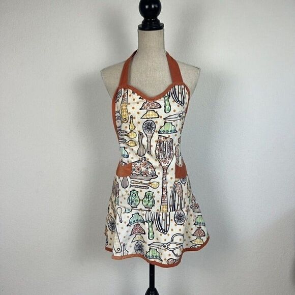 Retro Women Orange & Cream Apron Kitchen Garden Pocket Adjustable Cotton Pinup - Picture 1 of 9